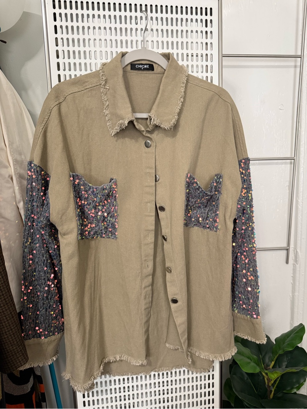 chic Tan Button-Front Shacket with Sequin Knit Sleeves